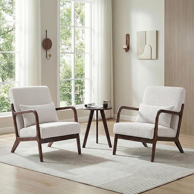 Accent Chair with Side Table Comfy Arm Chair with Solid Wood Frame Upholstered Mid-Century Modern Chair for Living Room Bedroom Waiting Room Beige