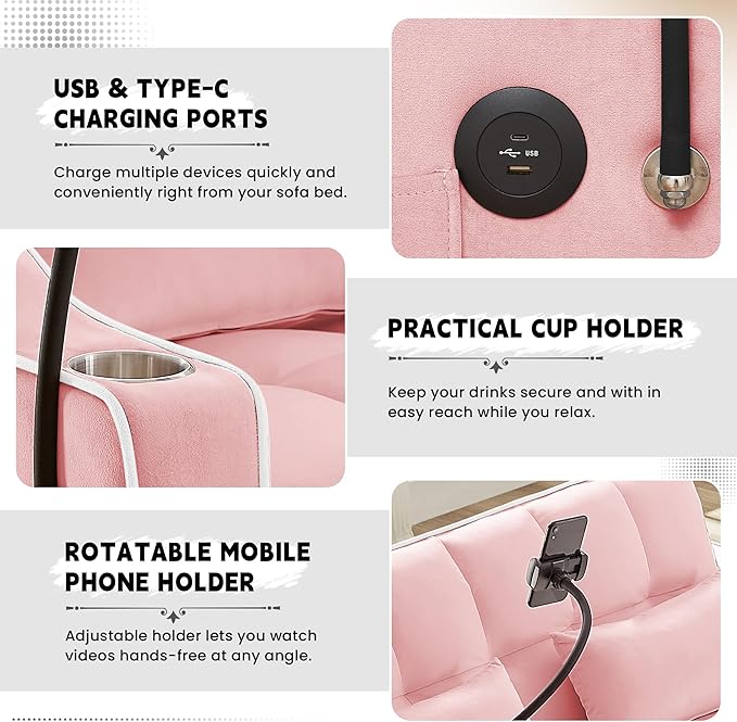 TTK 3-in-1 Convertible Velvet Sleeper Sofa Bed Pull-Out Loveseat with Adjustable Backrest USB Port &amp 2 Pillows Swivel Phone Stand &amp Storage Pockets Modern Futon Couch for Living Room Pink