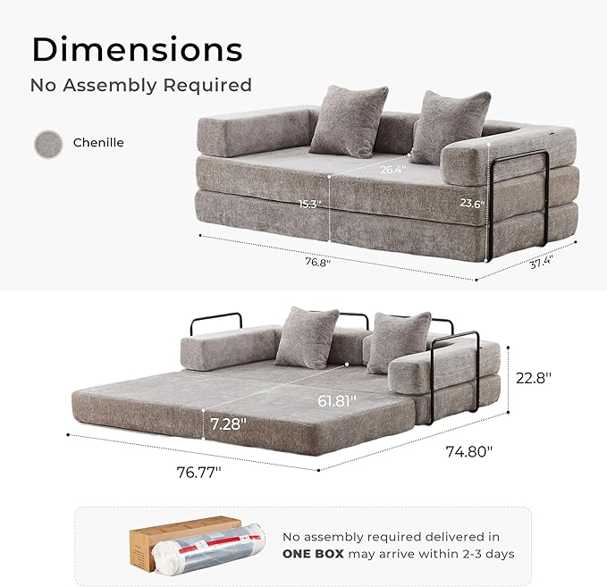 WELAX 77 Convertible Sleeper Sofa Bed Boneless Cloud Queen Futon Couches with 2 Pillows &amp Removable Armrests Chenille Folding Floor Couch No Assembly for Bedroom Living Room Light Grey