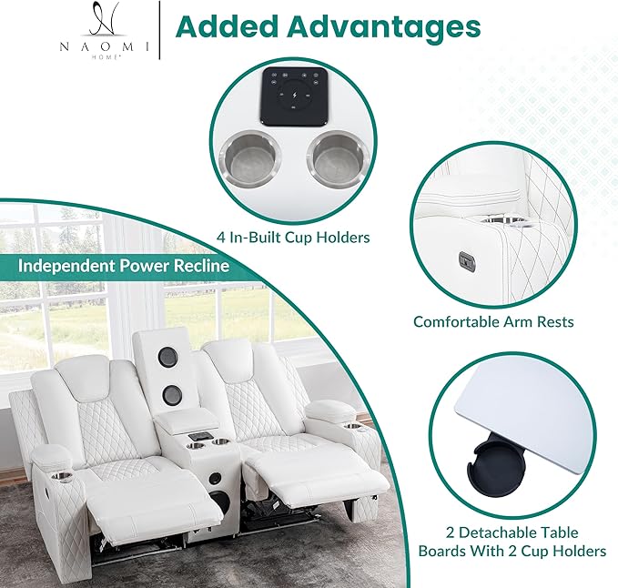 Naomi Home Chicago Deluxe Theater Style Motion Loveseat with LED Lights White/Air Leather