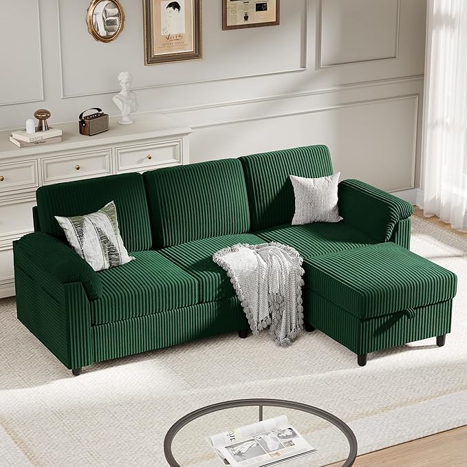 Meilocar Sectional Sofa Couch for Living Room 79 Sectional Couch with Storage Ottoman L Shaped Couches with Armrests Side Storage Pockage 3-Seat Sofa Couches for Living Room Apartment Green