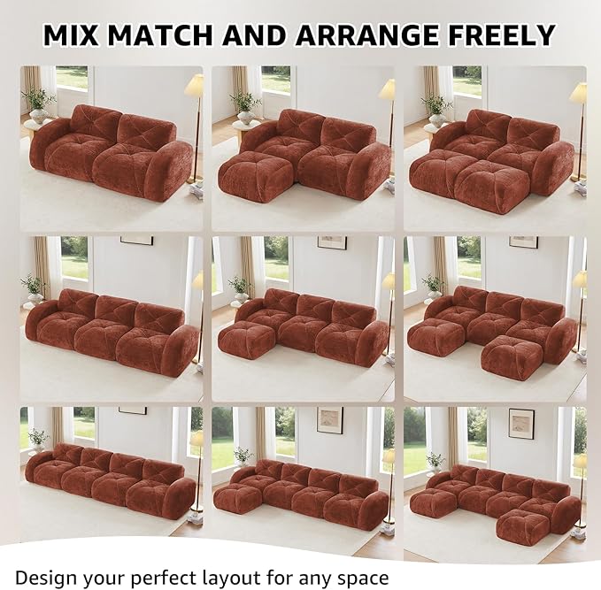 Red L-Shaped Sectional Couches for Living Room Velvet Fabric Boneless Couch No Assembly Cloud Modular Sectional Sofa with 1 Ottoman Foam Couch Compressed Sofa Set for Apartment Sofas para Sala