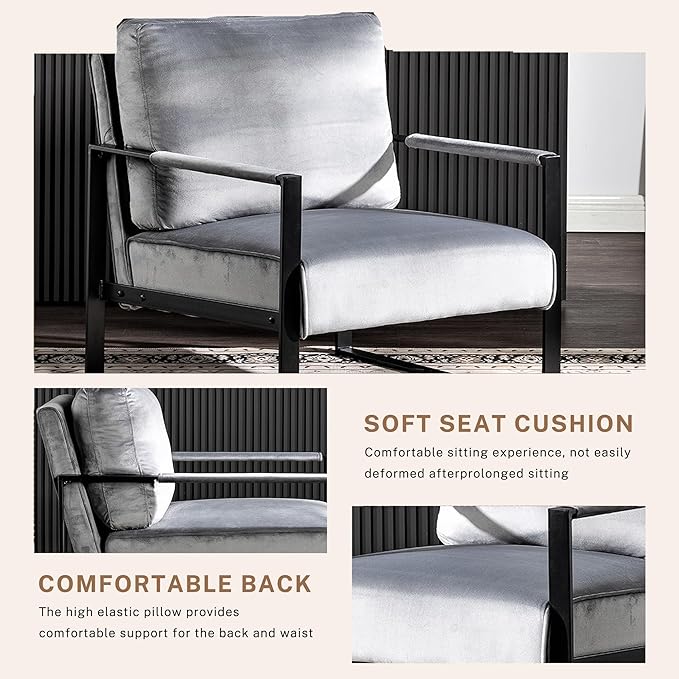 Modern Accent Chair for Living Room Bedroom Mid Century Arm Chair Velvet Office Accent Chair Reading Chair with Metal Frame for Balcony Lounge Grey