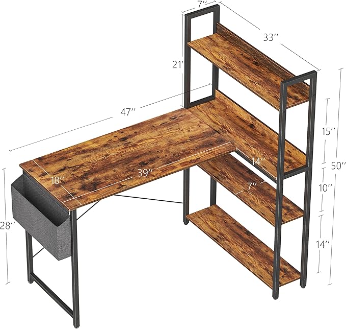 Treesland 47 Inch Computer Desk with Bookshelf Corner Desk with Storage L Shaped Desk Home Office Desks Writing Study Desk for Bedroom Brown