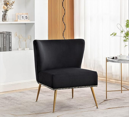 Thia Armless Velvet Accent Chair for Living Room Elegant Seat with Nailhead Trim Gold Metal Legs and Comfortable Curved Back 28 D x 25 W x 29.5 H Black