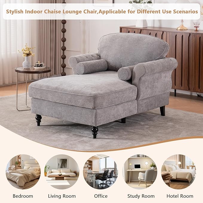 Setawix Chenille Upholstered Chaise Lounger Sleeper Sofa ChairOversized Chaise Lounge Chair Indoor with Rolled ArmsMid Century Modern Lounger Couch for Living Room Bedroom (Light Grey 43.3 W)