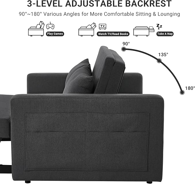 55.5 Fabric Convertible Sofa Bed Pull Out Sleeper Sofa Bed Loveseat Couch with Side Pocket 3 in 1 Convertible Sleeper Sofa Bed for Living Room Apartment Bedroom RV Black