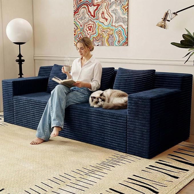 Boneless Couches for Living Room 71 Modern 3 Seater Sofa with Deep Seat Comfy Cloud Couch Sofa with Corduroy Fabric Memory Foam Floor Sofa with ArmrestsNo Assembly Required (Blue) | Deep Seat Co