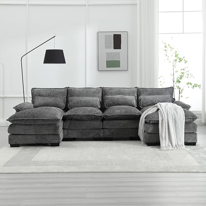 QQU 110.63 W U-Shape Modern Sectional Sofa Couch with Plastic Leg Upholstery Chenille Modular Sectional Sofa Bed with Memory Foam Large Sleeper Couch Chaise Lounges for Living Room(A-Grey)