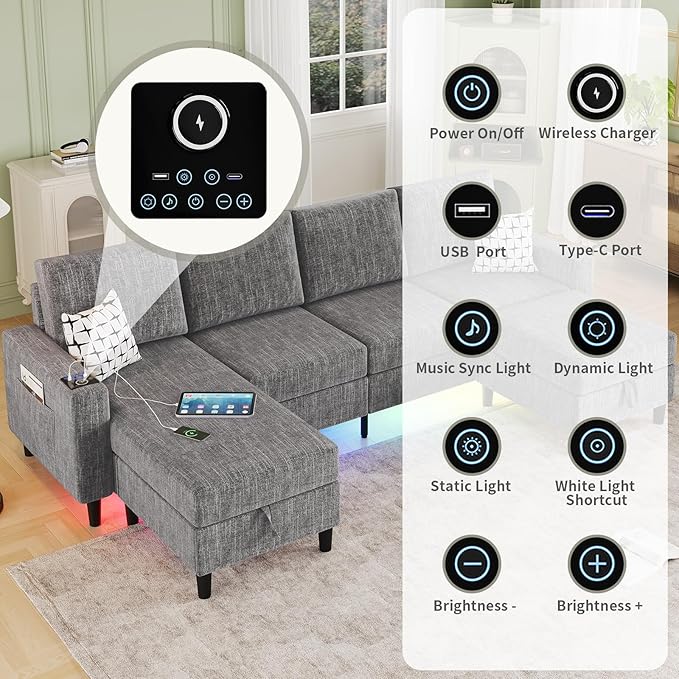 Sectional Couches for Living Room 6-Seats Soft Linen Fabric Sectional Sofa with Storage Ottoman Modern Convertible U/L Shaped Couch with Smart Charging Module/LED Light/Music Sync (Light Grey)