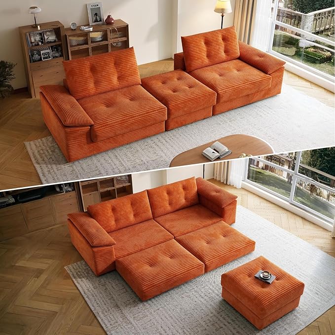 109.5 Loveseat Sofa with Ottoman Corduroy L Shape 3 Seater Couch Modular Sectional Couch for Living Room Small Spaces Apartment No Assembly Required Orange