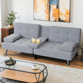 Shahoo Modern Linen Upholstered Convertible Folding Futon Sofa Bed with Removable Armrests Metal Legs 2 Cup Holders for Living Room Light Grey