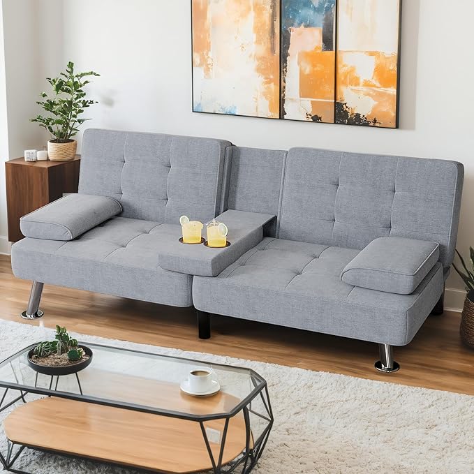 Shahoo Modern Linen Upholstered Convertible Folding Futon Sofa Bed with Removable Armrests Metal Legs 2 Cup Holders for Living Room Light Grey