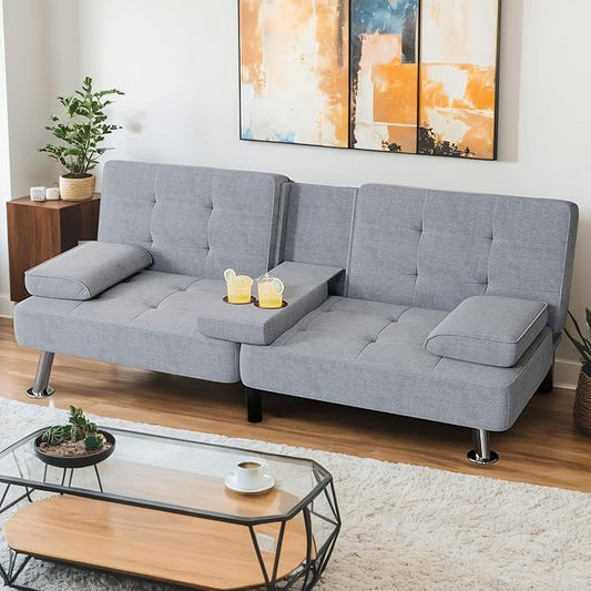 Shahoo Modern Linen Upholstered Convertible Folding Futon Sofa Bed with Removable Armrests Metal Legs 2 Cup Holders for Living Room Light Grey