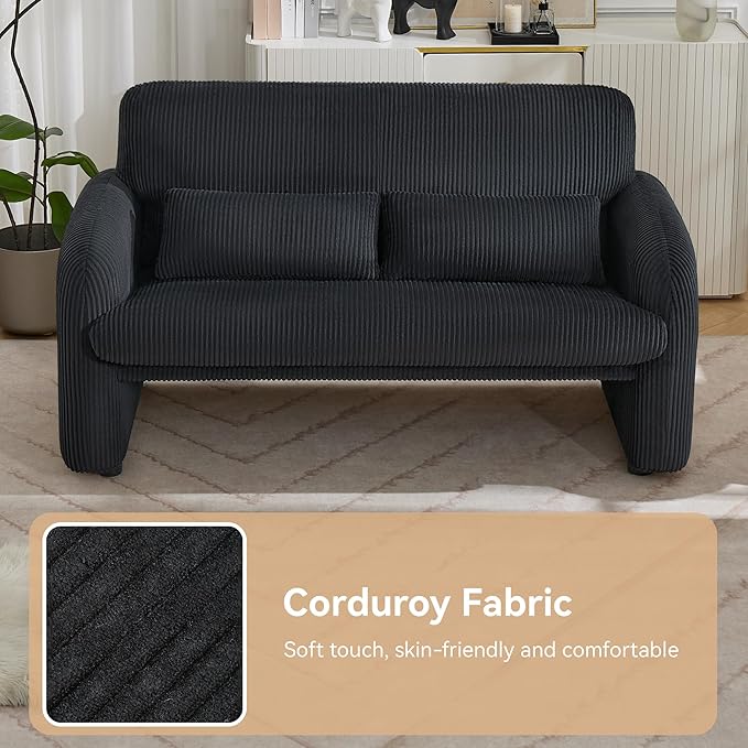 Corduroy Accent Living Room Sets Modern Upholstered Love Seat with 2 Accent Chairs Wide Comfy Leisure Chair Sets for Bedroom Office Black