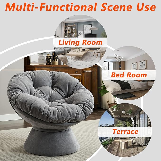 Modern Oversized Chenille Papasan Chair 360° Swivel Chair with Thick Cushion Comfortable Lounge Accent Chair for Living Room Bedroom Reading Nook (Dark Grey)
