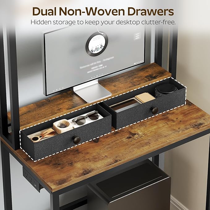 Computer Desk with Hutch and Drawers Home Office Desk with Power Outlets Gaming Desk with Monitor Stand and Wheels for Living Room Home Office Rustic Brown DN02UBR