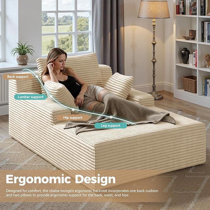51'' Oversized Chaise Lounge Chair Indoor Non-Assembly Deep Seat Sofa Bed Corduroy Sleeper Cloud Boneless Couch with 2pcs Pillows for Reading Living Room-Khaki