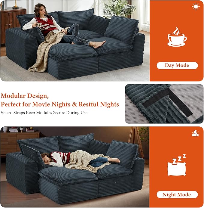 110 Sectional Couches for Living Room Boneless Couch Upholstered Cloud Couch Sectional Modular Sectional Sofa with L Shaped (Corduroy-Dark Grey 3 Seat+1 Ottoman)