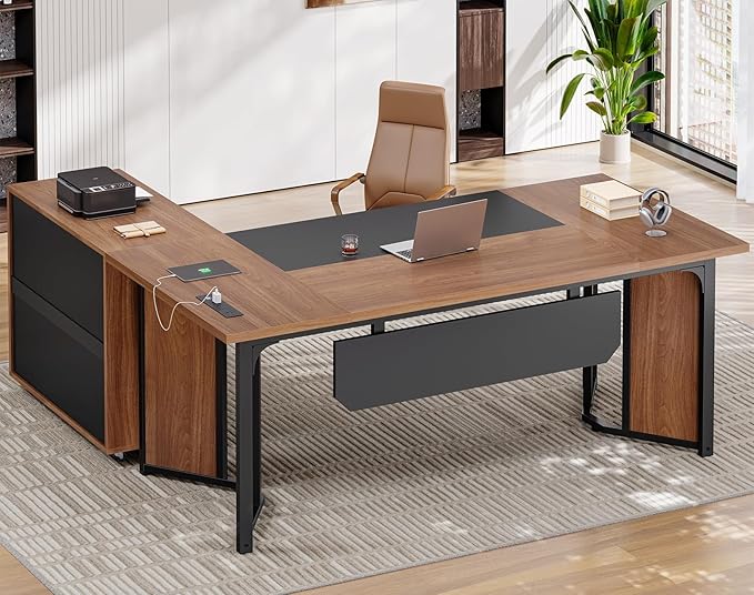 63 Executive Desk with Mobile File Cabinet Large Office Desk with Drawer Modern L Shaped Desk with Power Outlets Storage Shelves Corner Computer Desk Business Workstation Set (Walnut)