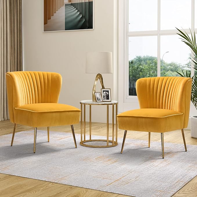 TINA'S HOME Velvet Accent Chair Set of 2 with Metal Golden Legs Upholstered Armless Slipper Chair with Wingback Mid Century Side Chair for Living Room Bedroom Vanity- Mustard