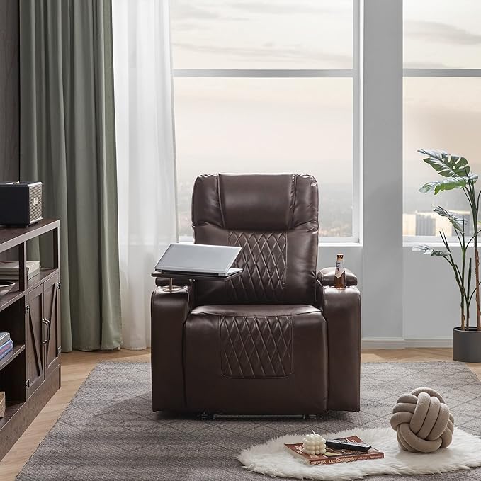 Recliners Chair with 360° Swivel Tray USB Charging Hidden Arm Storage &amp Cup Holders - Living Room Recliner Chairs Comfy Bedroom Recliners for Adults Lazy Boy Reclining ChairsBrown
