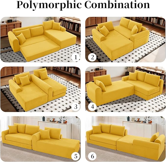 KBQ Modular Sectional Couch in a Box 103 L Shaped Boneless Cloud Couch with Deep Seat Convertible Sofa Bed for Living Room Bedroom Apartments No Assembly Required Yellow Right Facing Chaise