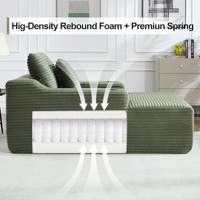 Chaise Lounge Chair Indoor Cloud Sofa Bed with Cup Holders Corduroy Upholstered Couch with 17.71 Seat High Lazy Sofa Bed for Living Room Apart Fully Assembled - Green