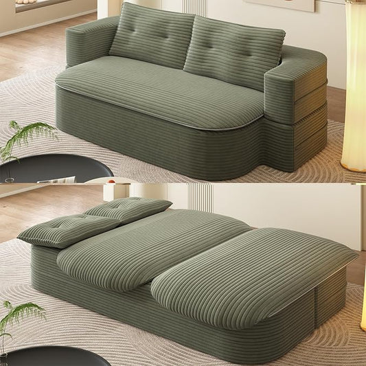 78.7 W Convertible Folding Sofa Bed Corduroy Futon Loveseat Sleeper Couch Bed with Blanket Full Size Compression Foam Floor Couch Boneless Foldable Mattress for Living Room Bedroom Green