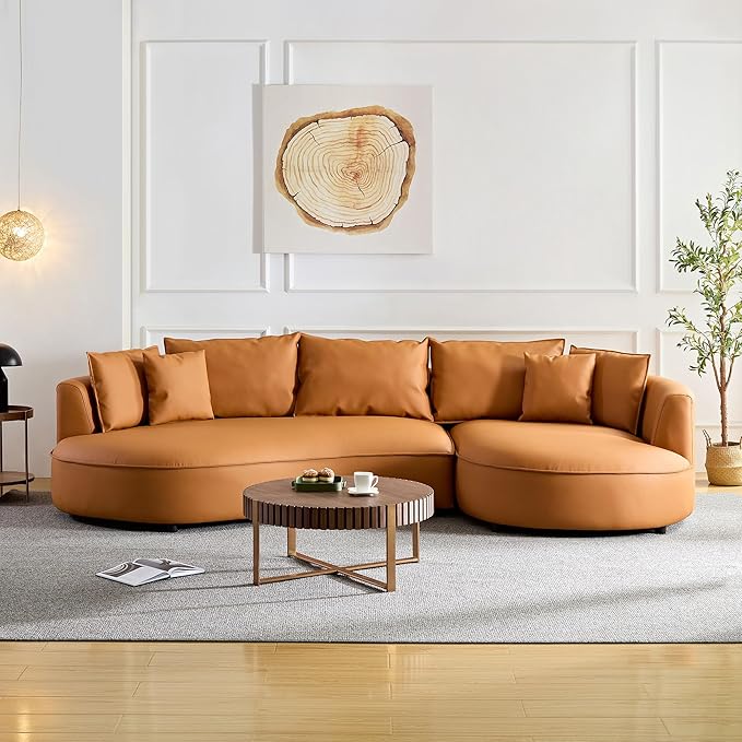 124.8 Round Bonded Curved Couch Leather Sectional Sofa for Living Room Apartment Office Orange Modern 5 Seater Oversized Cloud Sofa with Chaise Lounge Comfy Furniture Right Facing
