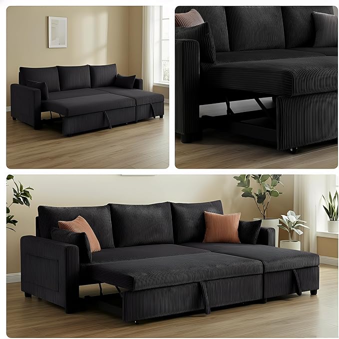 Sectional Sleeper Sofa with Pull Out Bed LShape Convertible Sofa Bed Couch with Storage Chaise 3 in 1 Pull Out Sofa Bed with 3 Seats for Living RoomApartment Black 85Inch