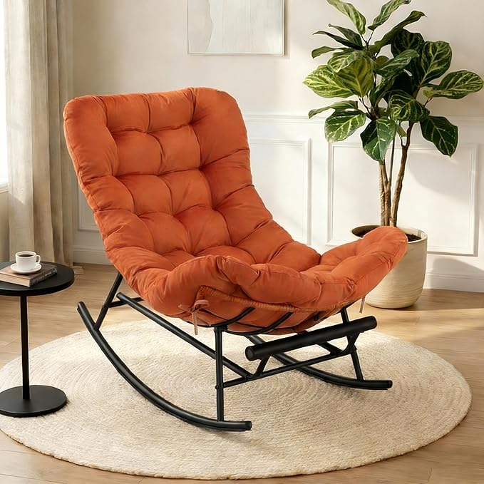 GarveeHome Indoor Papasan Rocking Chair Rattan Rocker with Extendable Footrest &amp Detachable Flannel Cushion 352lbs Sturdy Large Reading Lounge for Indoor Bedroom Living Room Orange