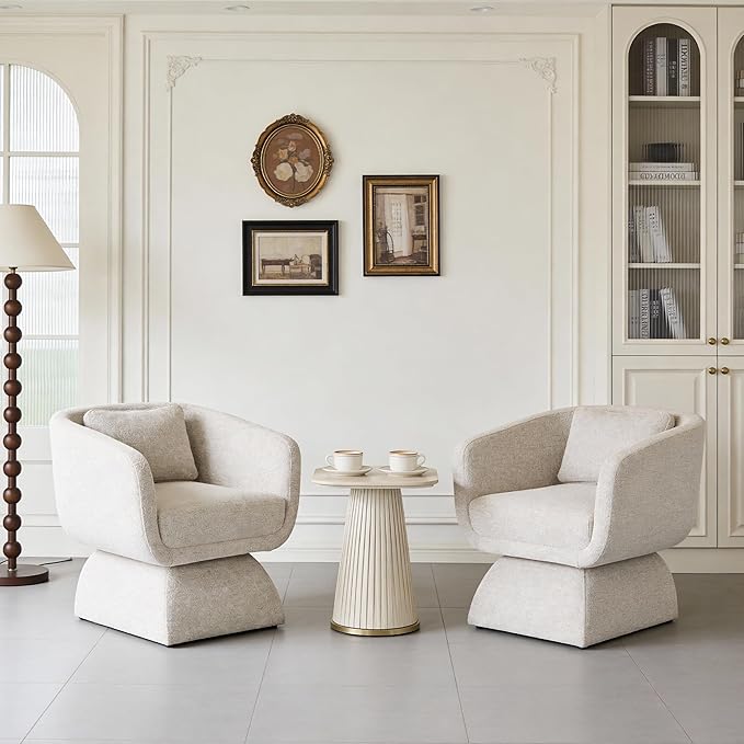 Modern 360° Swivel Accent Chairs 2-Pack Barrel Lounge Chairs with Armrests Curved Back and Soft Cushioned Seat Oatmeal