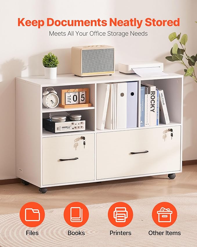VEVOR 2 Drawer Wooden File Cabinet Mobile Filing Cabinet with Open Shelves Lockable Lateral Rolling File Storage with Adjustable Shelves Free Standing Printer Stand for Home Office School White
