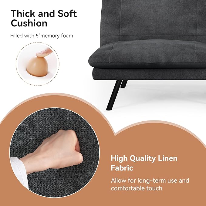 Futon Sofa Bed Convertible Couch Black Linen Sofa Bed with Adjustable Backrest Multifunctional Small Loveseat Sleeper Sofa for Living Room Apartment Office