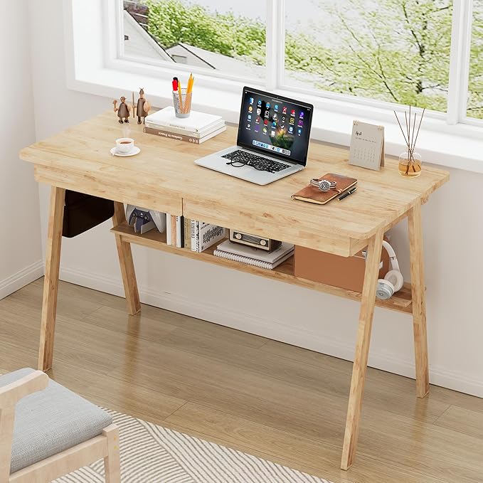 Solid Wood Desk with Drawers - 47.2 Inch Writing Desk with Drawers &amp Storage Shelf Simple Modern Study Table Home Office Computer Desks for Bedroom &amp Home Natural Boho Desks