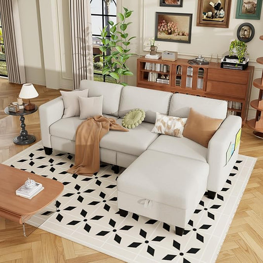 ZeeFu Sectional Sofa Couch with Storage Ottoman 78 L Shaped Modular 3 Seater Couches for Living Room Modern Linen Fabric Set for Small Space Apartment Office