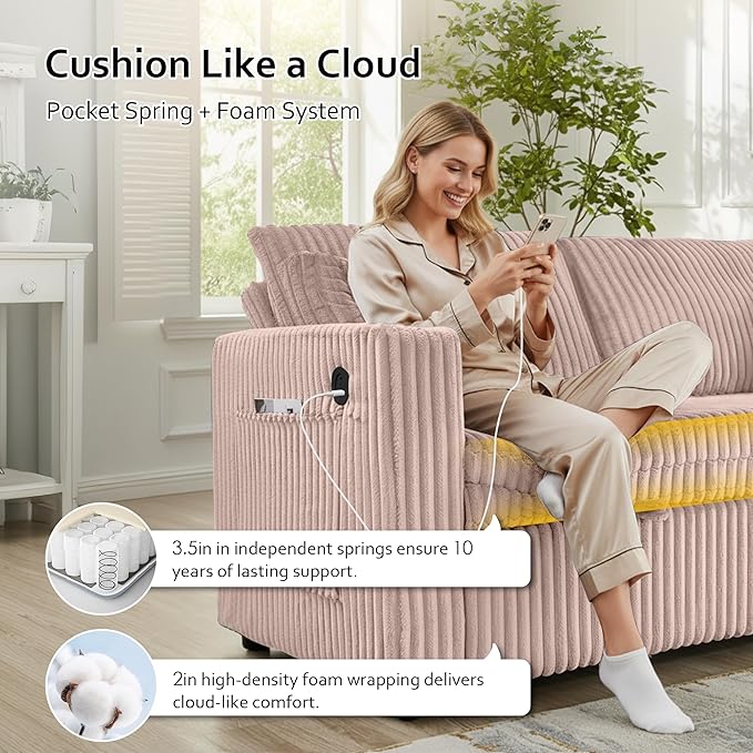 65in Sleeper Sofa Bed Convertible Pull Out Couch with Small Table| USB Port | Cup Holder | Corduroy Fabric | Adjustable Backrest for Apartment Office Bedroom Guest Room (Pink)