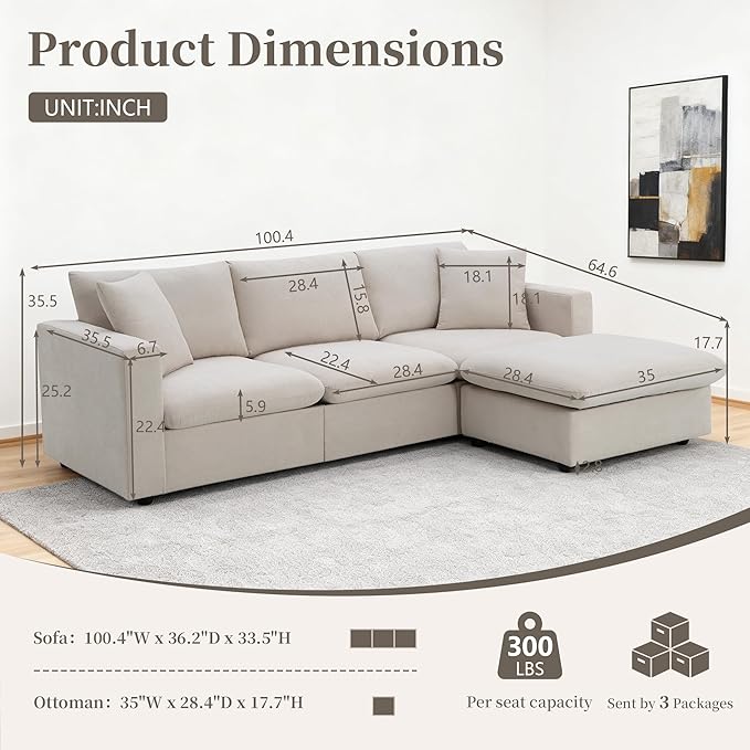 100.4 Beige Cloud Couches for Home Living Room Sofa Set Modern L Shaped Sectional Couch with Convertible Ottoman 4 Seater Comfy Polyester Fabric Modular Sofa for Apartment Bedroom Office