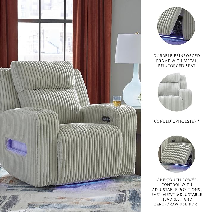Signature Design by Ashley Broad Cove Casual LED Power Recliner with Adjustable Headrest Storage and USB Ports Light Gray