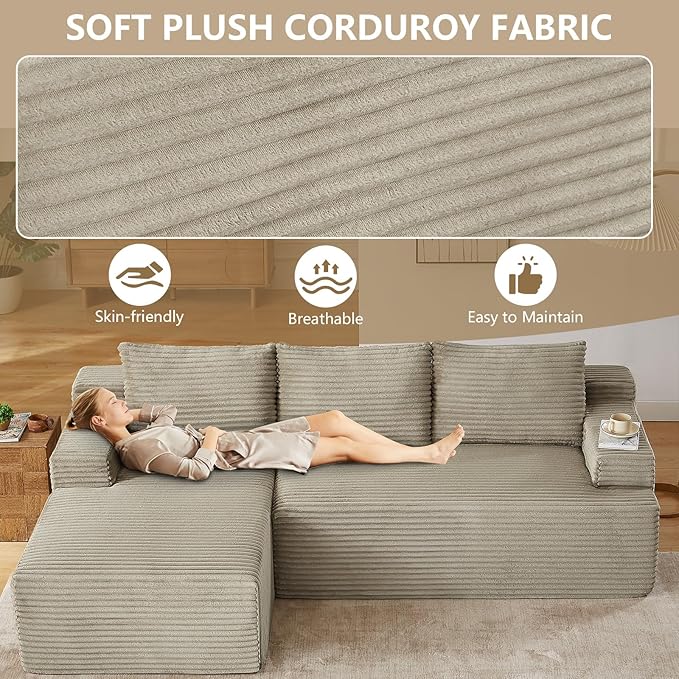 96 Modular Sectional Sofa Modern Corduroy L Shaped Cloud Couch with Side Pockets Boneless Upholstered Couches with Deep Seat for Living Room No Assembly Required (Camel Left Facing Chaise)