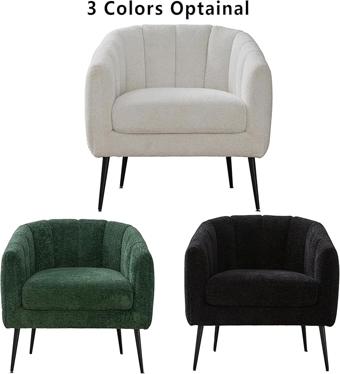 29.9 Chenille Upholstered Barrel Accent Chairs for Living RoomMid Century Modern Fuzzy Round Armchair with Metal LegsChannel Tufted Club Chair with Scoop Arms (Chenille Ivory Armchair)