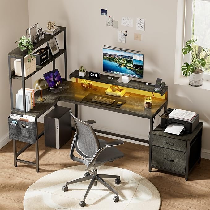 REAHOME 70 Inch L Shaped Desk with File Drawers and Reversible Storage Shelves Computer Desk with Power Outlet &amp LED Strip Home Office Desks Bookshelf Desk Writing Study Desk for Bedroom Grey
