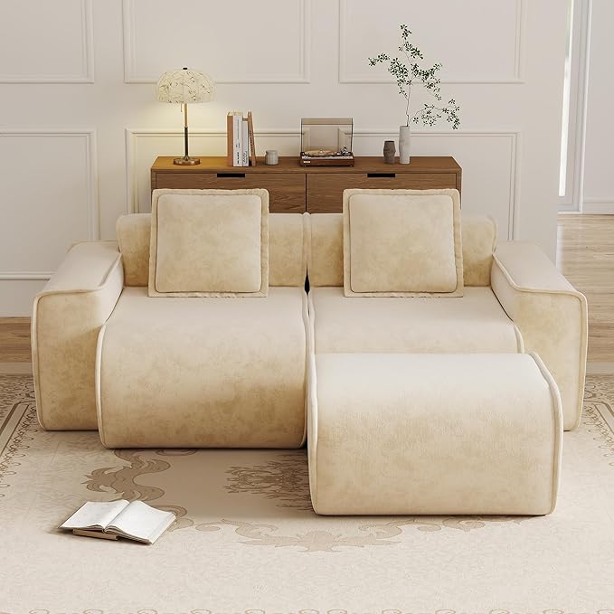 KEIKI 2Seat Modular Boneless Velvet Sofa Couch for Casual Home Bedroom Studio Style Conscious Homeowners Luxurious Elegant Sophisticated Refined Design Stylish Design Light Camel