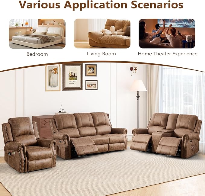 85 Wide Power Reclining Sofa with Side Pockets 3-Seater Electric Recliner Sofa Chair with Overstuffed Backrest Faux Leather Couch Furniture with Rivets for Living Room Brown