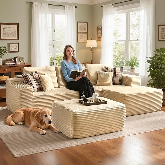 104 L-Shape Modular Sectional Sofa CouchComfy Upholstered Cloud Couch for Living RoomModern Minimalist CouchesDeep SeatNo Assembly Required (BeigePlush Corduroy Right Facing Chaise w/Ottoman)