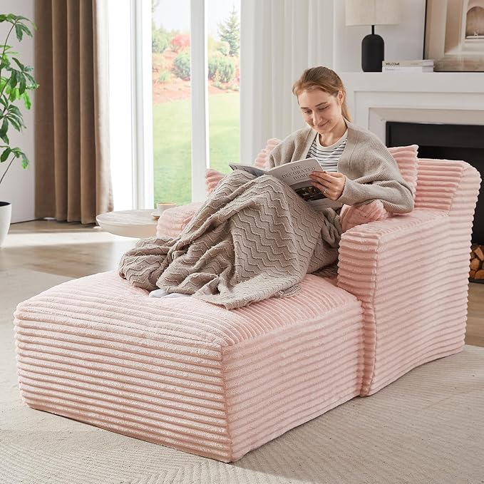 Chaise Lounge Chair Indoor Upholstered Corduroy Single Lounge Sofa Couch Comfy Reading Recliner Sleeper Sofa Chair Bed with Armrests and Pillows for Bedroom Living Room (Pink)