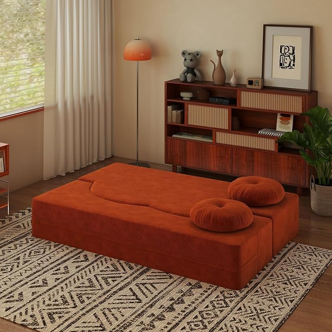 2-in-1 Convertible Sofa Bed 78.7 Memory Foam Boneless Couch Bed Full Size Love Seat Sleeper Sofa Floor Couch Loveseat w/ 2 Pillows for Living Room Bedroom Apartment Office No Assembly Orange