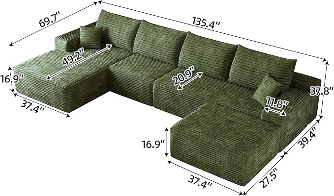 135.4 Oversized U Shaped Modular Sectional Sofa Cloud Couch with Chaise Lounge and Movable Ottoman Fluffy Corduroy Upholstered Boneless Sofa Deep Seat Couches w/Pillows | 35D Full Foam Compressed