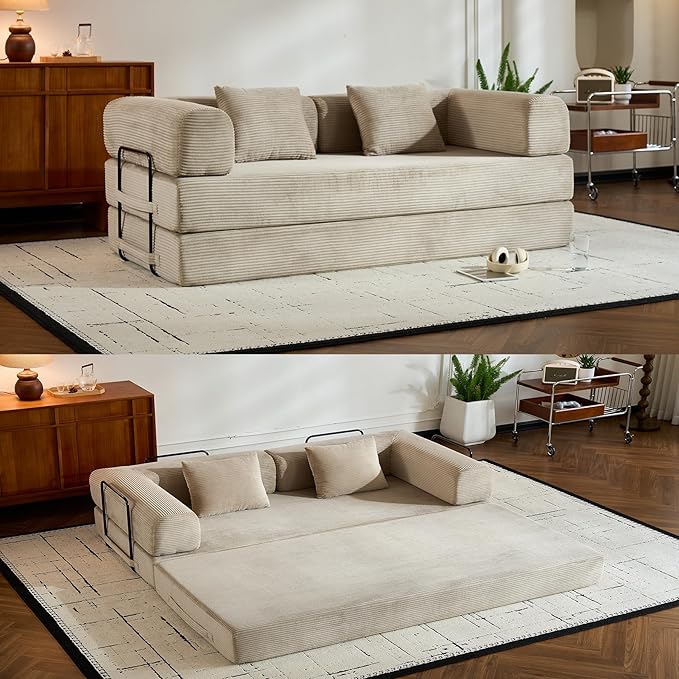 Convertible Sleeper Sofa Bed with Cylindrical Pillow Corduroy Folding Boneless Couch with Fixed-Shape Frame Comfy Floor Sofa Couch for Living Room No Assembly Required Beige White